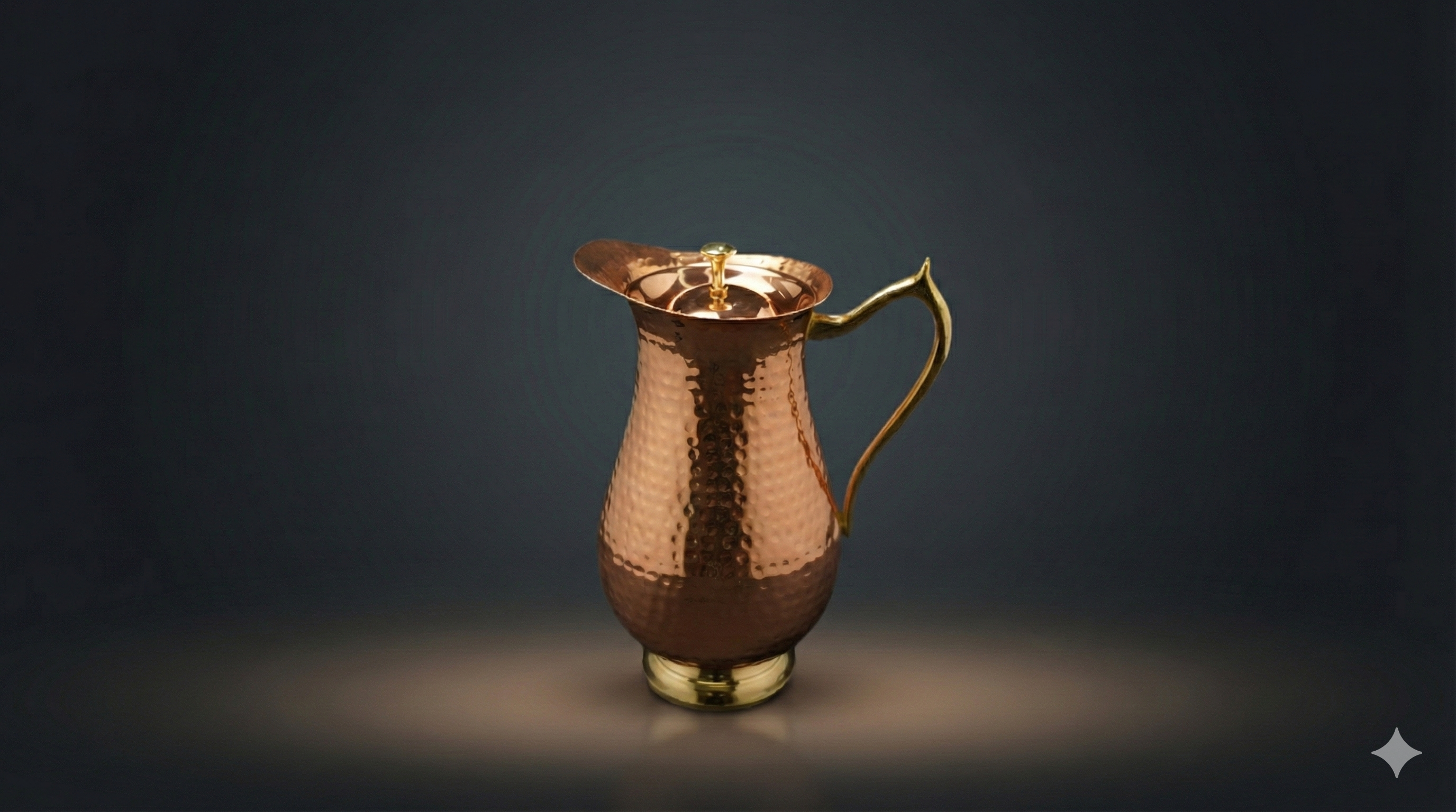 Mughlai Jug - Copper (Hammered Copper with Brass Handle & Lid) Copper product view 3 - Viviana London artisan collection